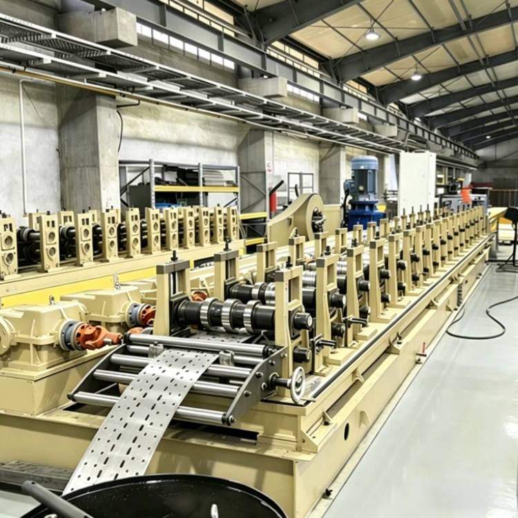 Shelf Rack Roll Forming Machine, a high-precision industrial equipment specialized in mass production of shelf rack uprights. The machine features a robust steel frame, integrated PLC control system with touchscreen interface, and multi-station forming rolls, showing its compact and professional structure. It is widely used in manufacturing high-quality structural components for industrial warehouses, commercial storage racks and logistics centers, with stable performance and high production efficiency.