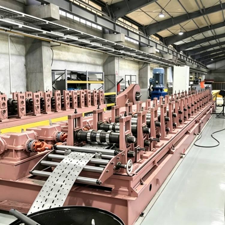 Shelf Rack Roll Forming Machine, a high-precision industrial equipment specialized in mass production of shelf rack uprights. The machine features a robust steel frame, integrated PLC control system with touchscreen interface, and multi-station forming rolls, showing its compact and professional structure. It is widely used in manufacturing high-quality structural components for industrial warehouses, commercial storage racks and logistics centers, with stable performance and high production efficiency.