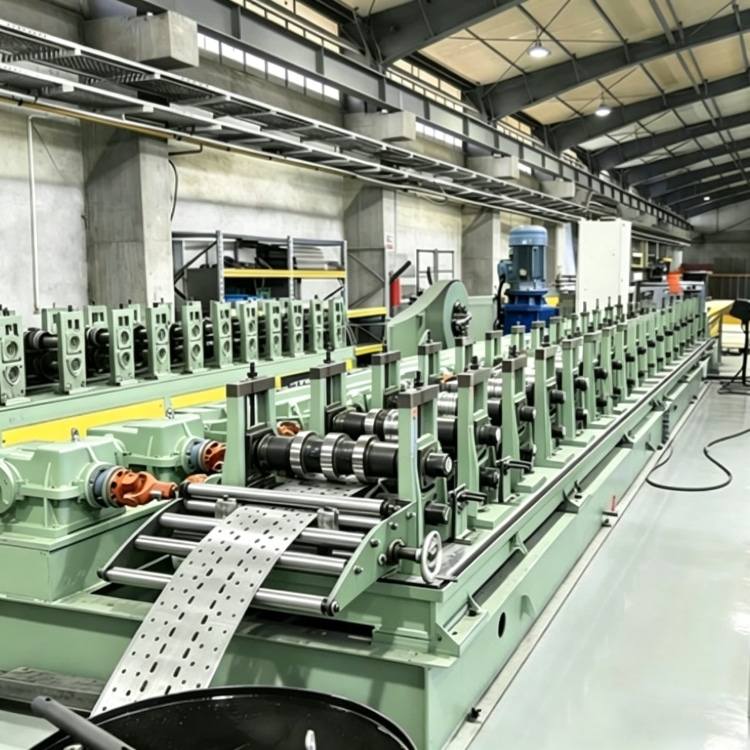 Shelf Rack Roll Forming Machine, a high-precision industrial equipment specialized in mass production of shelf rack uprights. The machine features a robust steel frame, integrated PLC control system with touchscreen interface, and multi-station forming rolls, showing its compact and professional structure. It is widely used in manufacturing high-quality structural components for industrial warehouses, commercial storage racks and logistics centers, with stable performance and high production efficiency.