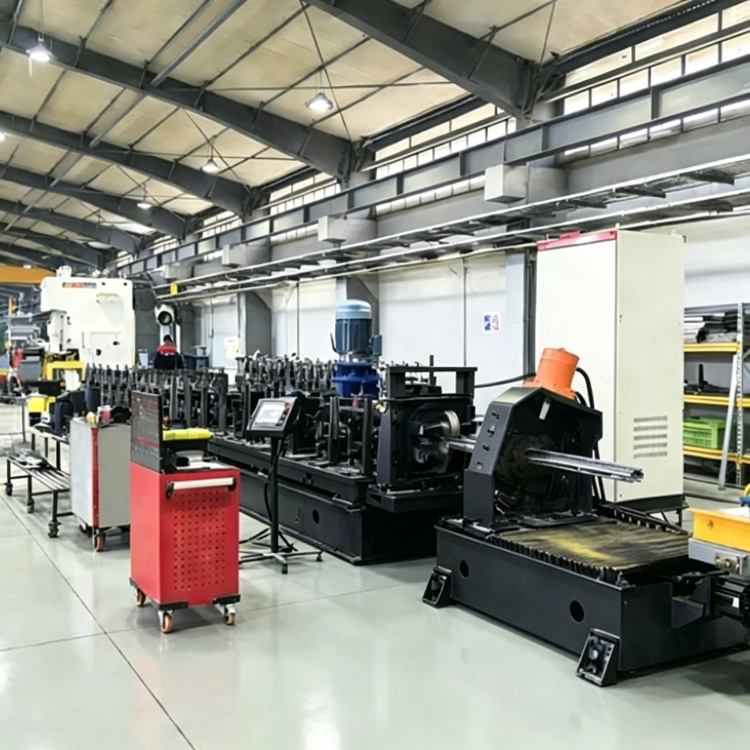 Shelf Rack Roll Forming Machine, a high-precision industrial equipment specialized in mass production of shelf rack uprights. The machine features a robust steel frame, integrated PLC control system with touchscreen interface, and multi-station forming rolls, showing its compact and professional structure. It is widely used in manufacturing high-quality structural components for industrial warehouses, commercial storage racks and logistics centers, with stable performance and high production efficiency.