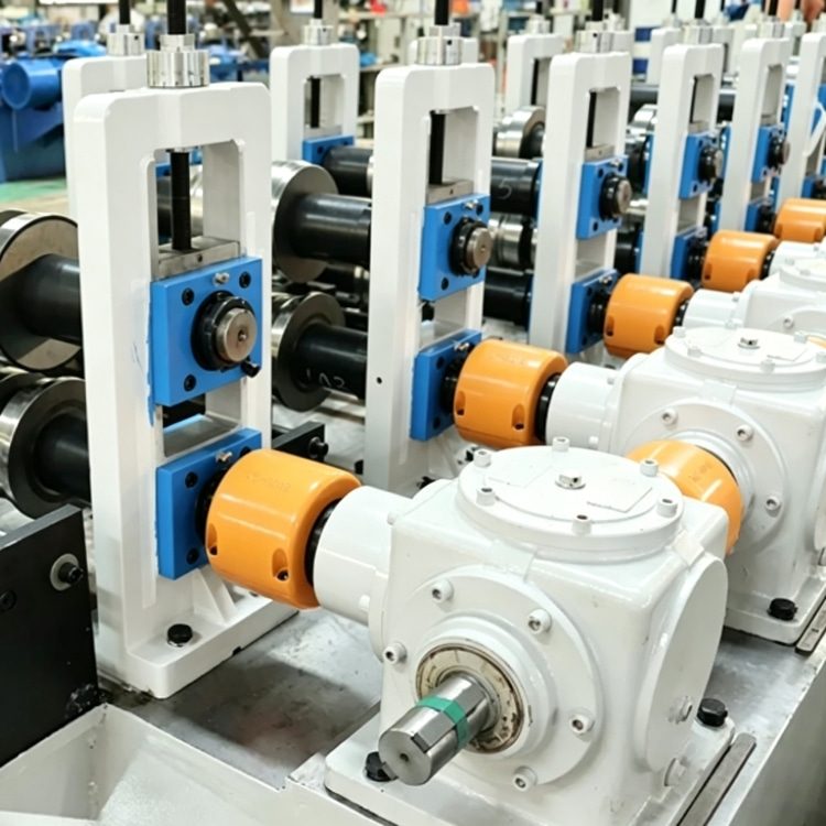 Shelf Rack Roll Forming Machine, a high-precision industrial equipment specialized in mass production of shelf rack uprights. The machine features a robust steel frame, integrated PLC control system with touchscreen interface, and multi-station forming rolls, showing its compact and professional structure. It is widely used in manufacturing high-quality structural components for industrial warehouses, commercial storage racks and logistics centers, with stable performance and high production efficiency.