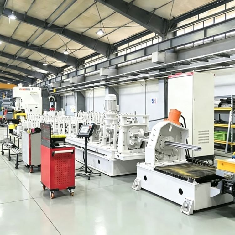 Shelf Rack Roll Forming Machine, a high-precision industrial equipment specialized in mass production of shelf rack uprights. The machine features a robust steel frame, integrated PLC control system with touchscreen interface, and multi-station forming rolls, showing its compact and professional structure. It is widely used in manufacturing high-quality structural components for industrial warehouses, commercial storage racks and logistics centers, with stable performance and high production efficiency.