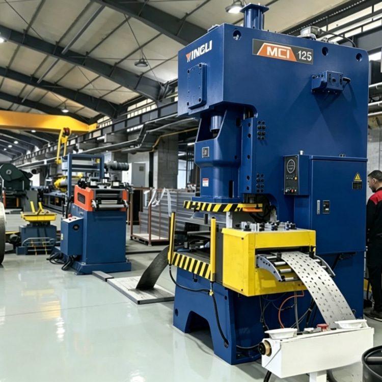 Shelf Rack Roll Forming Machine, a high-precision industrial equipment specialized in mass production of shelf rack uprights. The machine features a robust steel frame, integrated PLC control system with touchscreen interface, and multi-station forming rolls, showing its compact and professional structure. It is widely used in manufacturing high-quality structural components for industrial warehouses, commercial storage racks and logistics centers, with stable performance and high production efficiency.