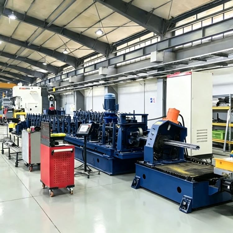 Shelf Rack Roll Forming Machine, a high-precision industrial equipment specialized in mass production of shelf rack uprights. The machine features a robust steel frame, integrated PLC control system with touchscreen interface, and multi-station forming rolls, showing its compact and professional structure. It is widely used in manufacturing high-quality structural components for industrial warehouses, commercial storage racks and logistics centers, with stable performance and high production efficiency.