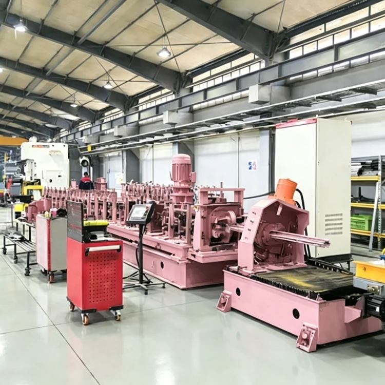 Shelf Rack Roll Forming Machine, a high-precision industrial equipment specialized in mass production of shelf rack uprights. The machine features a robust steel frame, integrated PLC control system with touchscreen interface, and multi-station forming rolls, showing its compact and professional structure. It is widely used in manufacturing high-quality structural components for industrial warehouses, commercial storage racks and logistics centers, with stable performance and high production efficiency.