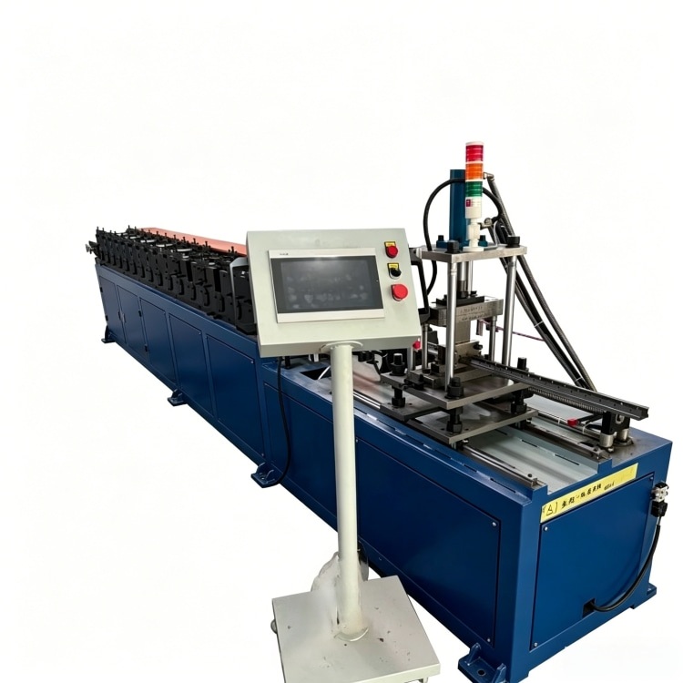 Xinnuo Butterfly Holes Upright Roll Forming Machine is full-automatic rack column production line with PLC control & integrated punching-forming-cutting, fabricating bolt-free butterfly-hole uprights from 1.2–1.5mm galvanized/carbon steel for retail and warehouse light storage shelves.