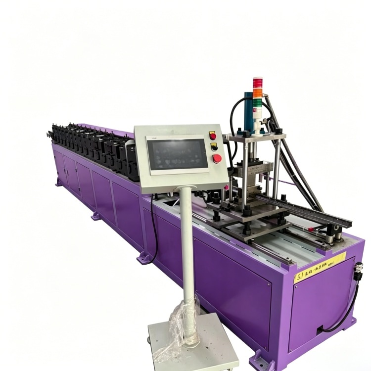 Xinnuo Butterfly Holes Upright Roll Forming Machine is full-automatic rack column production line with PLC control & integrated punching-forming-cutting, fabricating bolt-free butterfly-hole uprights from 1.2&ndash;1.5mm galvanized/carbon steel for retail and warehouse light storage shelves.